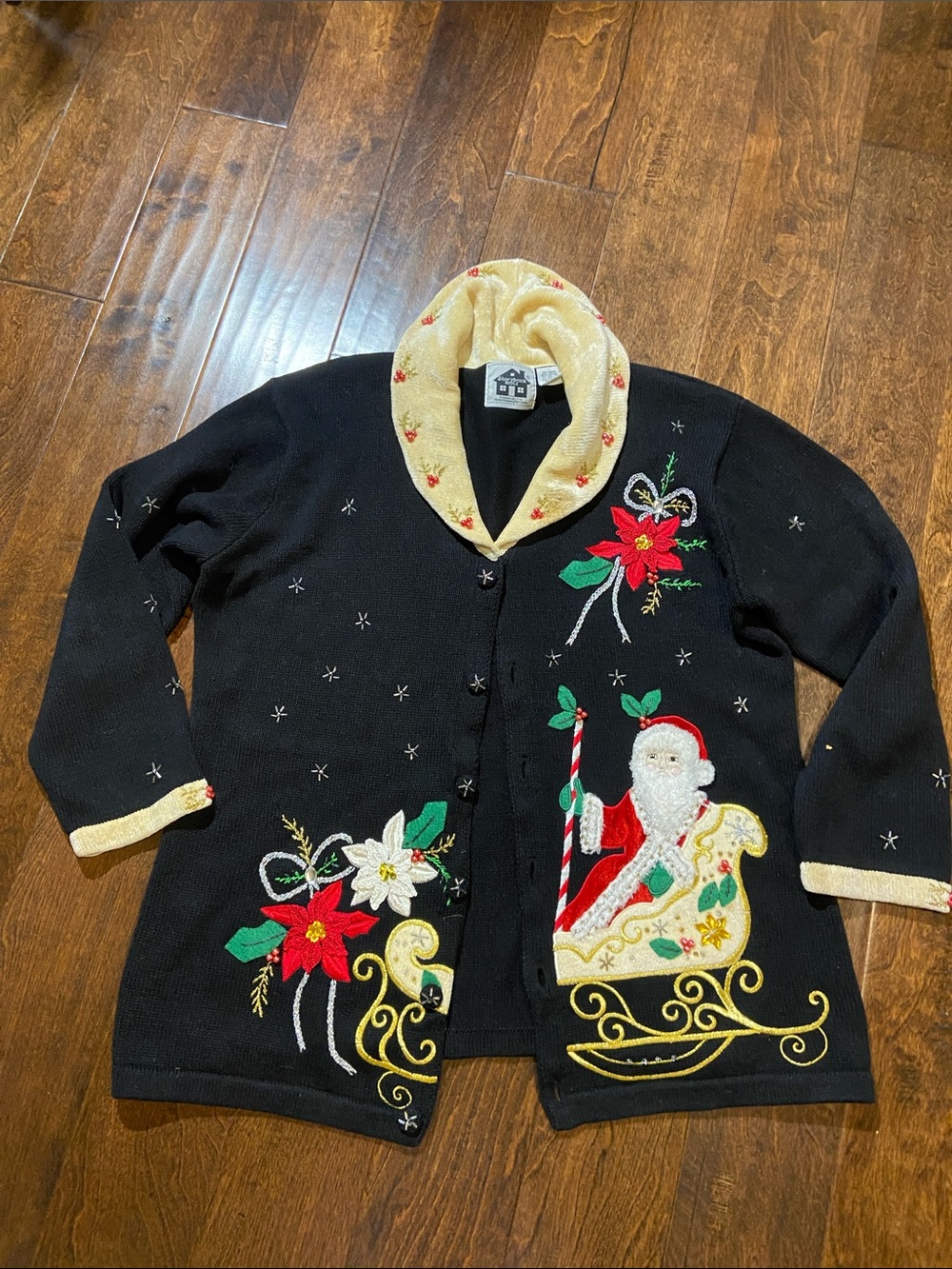 Storybook Knits Santa Christmas Cardigan black multicolor SZ L